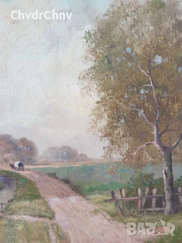 Krotter 77х67см/стара австрийска картина масло върху платно/пейзаж/къщи-река/дървена рамка, снимка 6 - Картини - 51217429