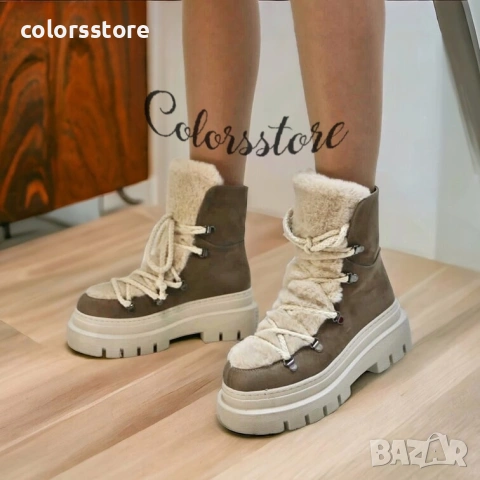 Боти на платформа - кафяв велур с бежов пух - BPUH1