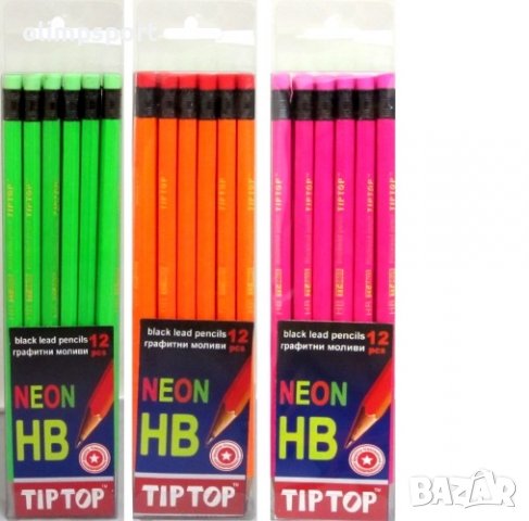 Графитни моливи HB с гума в неонови цветове. Всеки комплект съдържа 12 броя моливи в един цвят, снимка 2 - Ученически пособия, канцеларски материали - 39483265