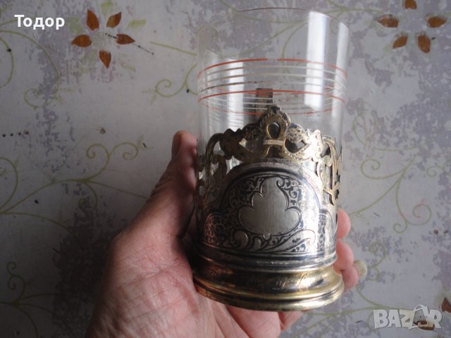 Руски сребърен подстакан чаша ниело позлата сребро 875, снимка 2 - Колекции - 38742024