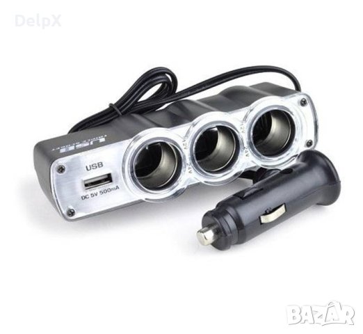 Автомобилен разклонител WF-0120, 3 гнезда за запалка(ж), USB, 5A, 0,5m, снимка 1