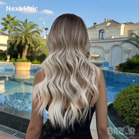 Чуплива сребристо-сива омбре перука с тъмни корени и дълъг бретон 65 см, снимка 3 - Аксесоари за коса - 53522743