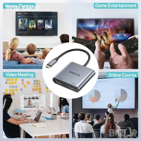 MOKiN USB C към двоен HDMI адаптер, 2 В 1 за монитор 4K/60Hz, снимка 7 - Кабели и адаптери - 49417986