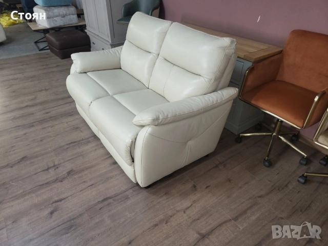 Кремав кожен диван двойка, снимка 5 - Дивани и мека мебел - 53713629