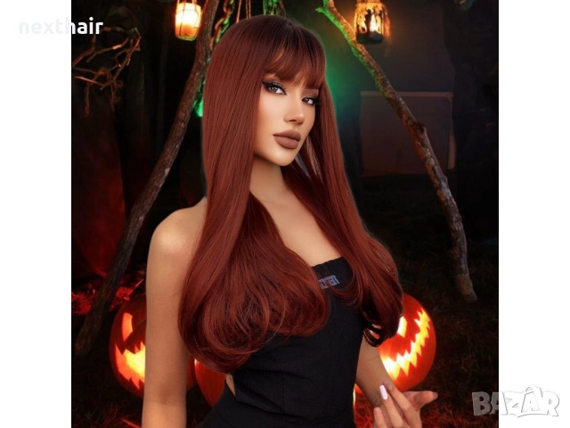 60 см омбре права перука с бретон в червеникаво-кафяв цвят, снимка 4 - Аксесоари за коса - 52627139