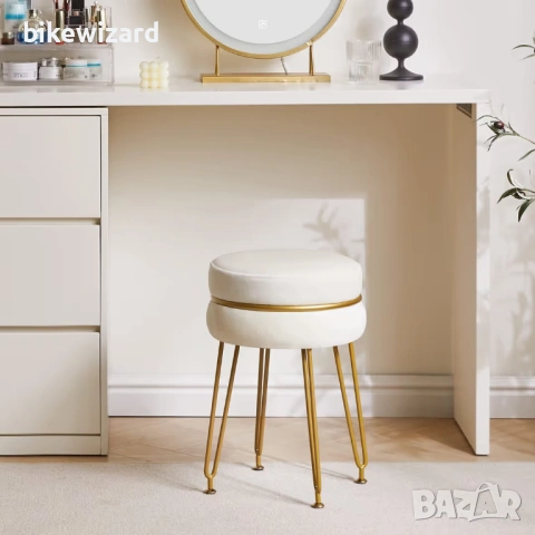 Модерна кадифена кръгла табуретка със златисти крака – кремаво-бяла НОВА, снимка 4 - Столове - 53718714