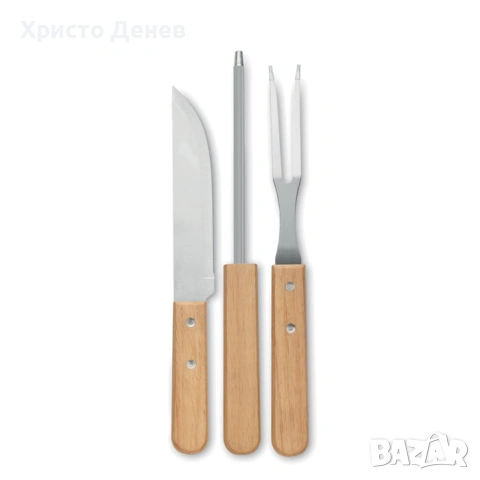 комплект за барбекю в метално куфарче, от 3 части, неръждаема стомана и естествено дърво, снимка 9 - Прибори за хранене, готвене и сервиране - 53655078