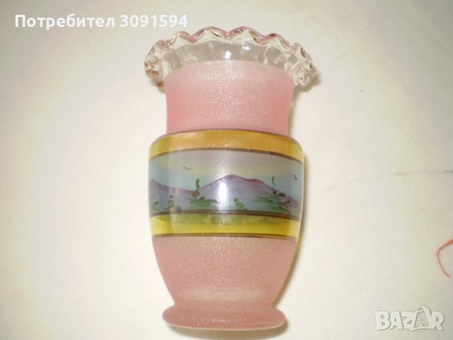 Винтидж  Стъклена Ваза розава рисувана къдраво стъкло, снимка 5 - Други ценни предмети - 41700852