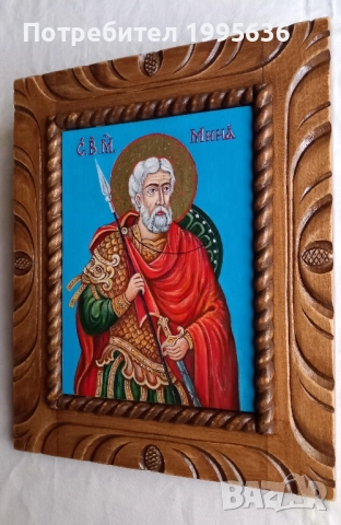Дърворезбована рамка с икона " Св. Мина "- иконопис. , снимка 2 - Икони - 51749271