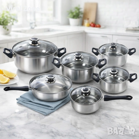 Комплект готварски съдове от инокс 12 части: 5 тенджери, тиган и стъклени капаци (16-24 см)