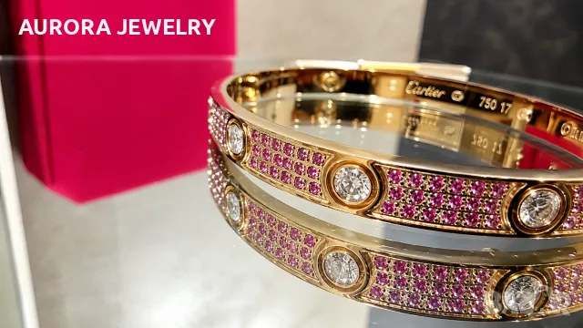 CARTIER Love Paved Capsule Rose Gold 10 Pink Sapphires Diamonds Гривна с Отверка, снимка 8 - Гривни - 56017635