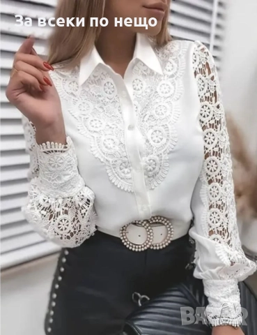 Дамска Бяла Риза С Брюкселска Дантела И Яка Код S326, снимка 2 - Ризи - 52429083