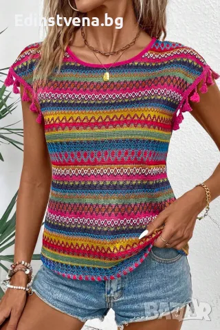 Дамска блуза с етно жакардов десен и къси ръкави с пискюли, снимка 3 - Други - 50130058