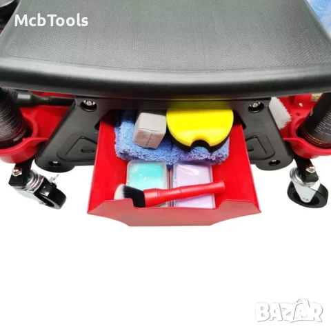 Седалка за механик, пластмаса, 136 кг, 3 тави за съхранение, червена, снимка 4 - Други инструменти - 50716969