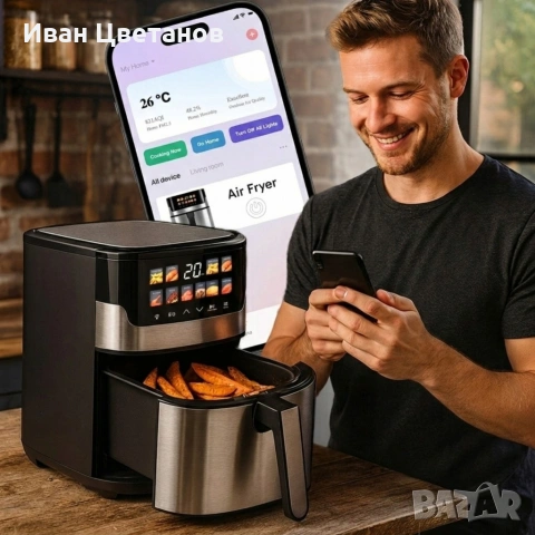 Смарт Еърфрайър , 2200W, XXL 6.5л, Wi-Fi Tuya App, 10 Програми, Неръждаема стомана