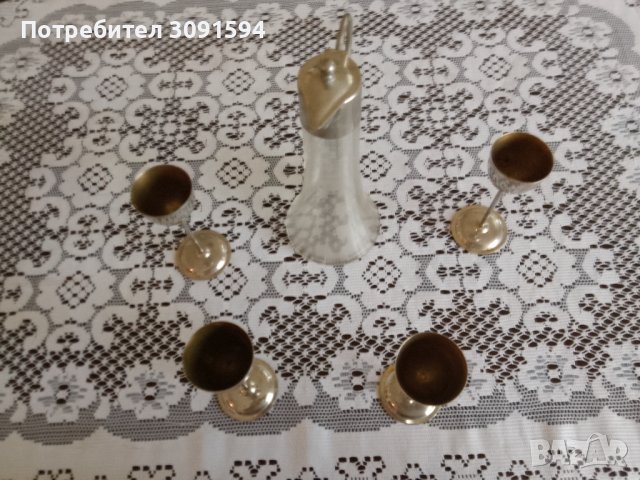 1930г АртДеко каничка метал стъкло 4метални чаши, снимка 4 - Антикварни и старинни предмети - 41046962