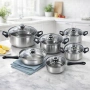 Комплект готварски съдове от инокс 12 части: 5 тенджери, тиган и стъклени капаци (16-24 см), снимка 1