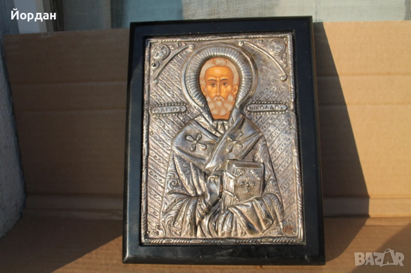 Гръцка икона ръчно рисувана със сребърен обков, снимка 1