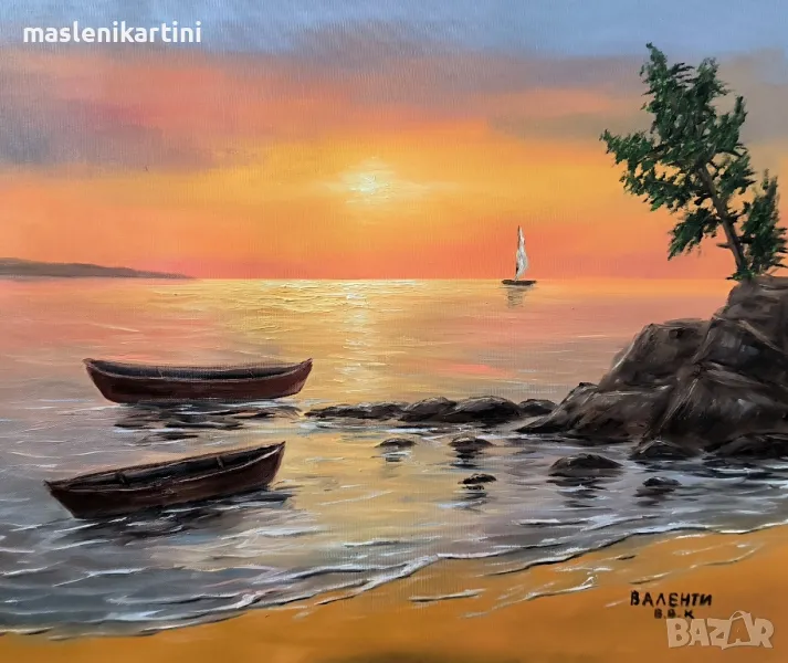 Морски залез и лодки в морето маслена картина , снимка 1