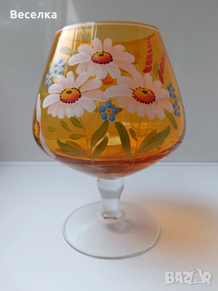 Голяма стъклена чаша/свещник, ръчно рисувани цветя , снимка 1