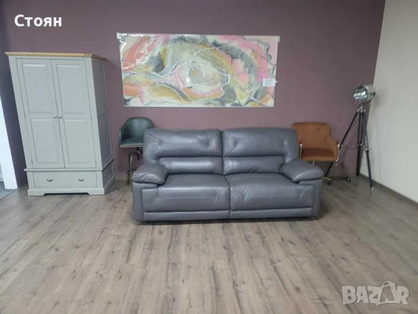 Тъмно сив кожен диван тройка, снимка 1