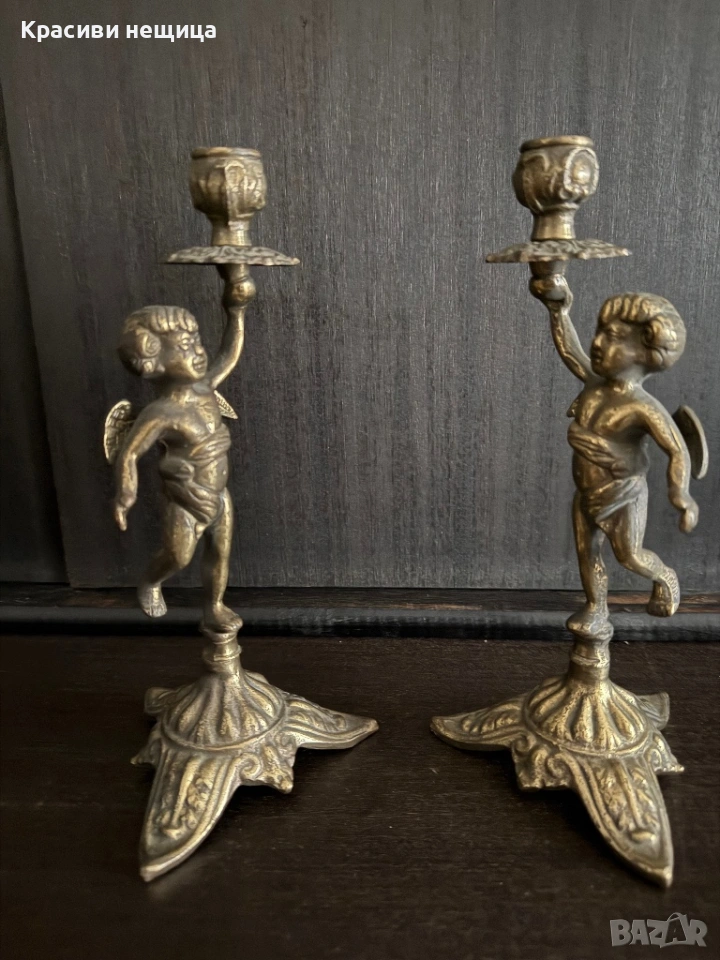 Чифт месингови свещници с ангелчета, снимка 1