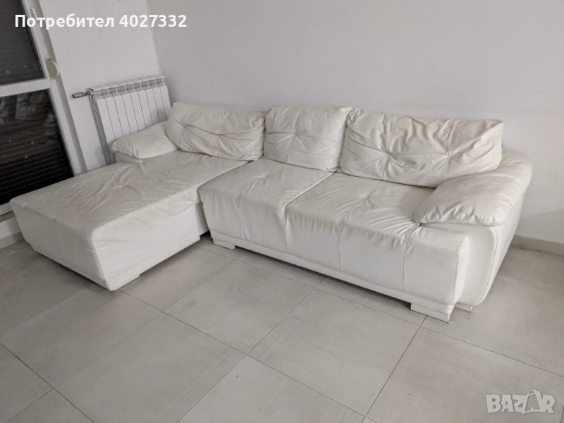 Комплект 2 дивана, бяла еко кожа – разтегателен, снимка 1