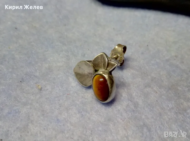 ФЛОРАЛНА СРЕБЪРНА ОБЕЦА ЦВЕТЕ СРЕБРО 925 с ПОЛИРАН КАМЪК ТИГРОВО ОКО ФИНА РЪЧНА ИЗРАБОТКА 48650, снимка 1