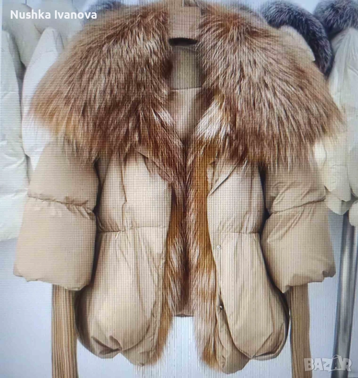 Зимно дамско яке гъши пух с голяма яка от истинска лисича кожа, снимка 1