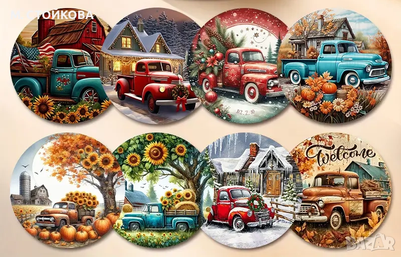 Големи дървени магнитчета - ретро камиони, снимка 1