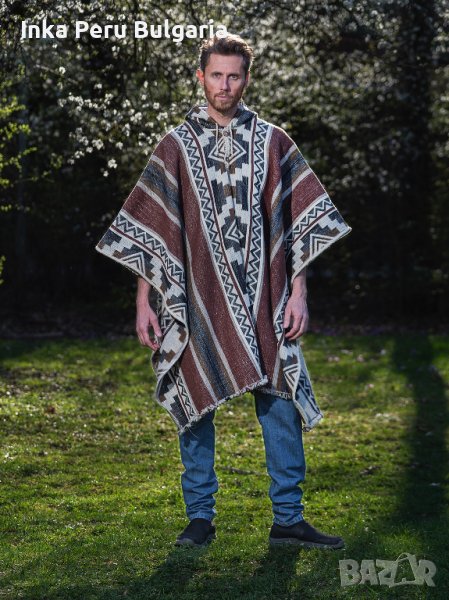  Автентичнo еквадорско унисекс пончо Мапуче, 100% вълна, кафяво, снимка 1