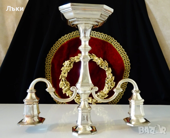 Посребрен свещник тройка,троен свещник от мед. , снимка 7 - Антикварни и старинни предмети - 52978362