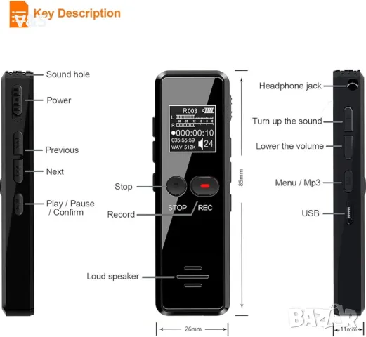 Цифров диктофон Tschisen с възпроизвеждане, подобрен аудио диктофон с едно докосване, 64G 1536Kbps H, снимка 3 - Други - 48413347