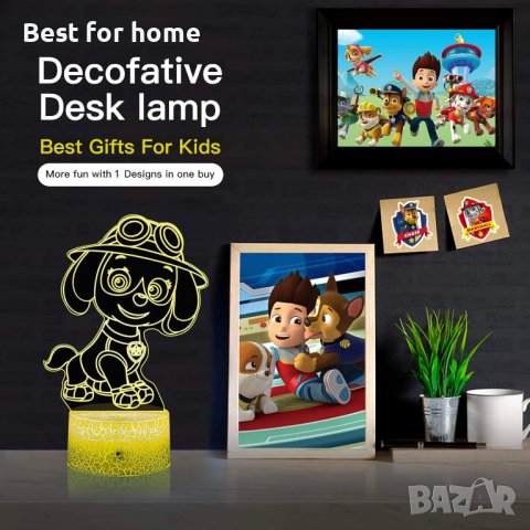 3D LED Paw Patrol илюзионна лампа, 3 плаки, 16 променящи се цвята, снимка 6 - Настолни лампи - 44224510
