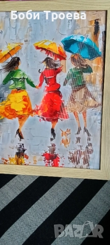 Ярки момичета с чадъри в дъждовен ден, 30 см.x 40 см Вертикална стенна декорация, снимка 4 - Картини - 51974843