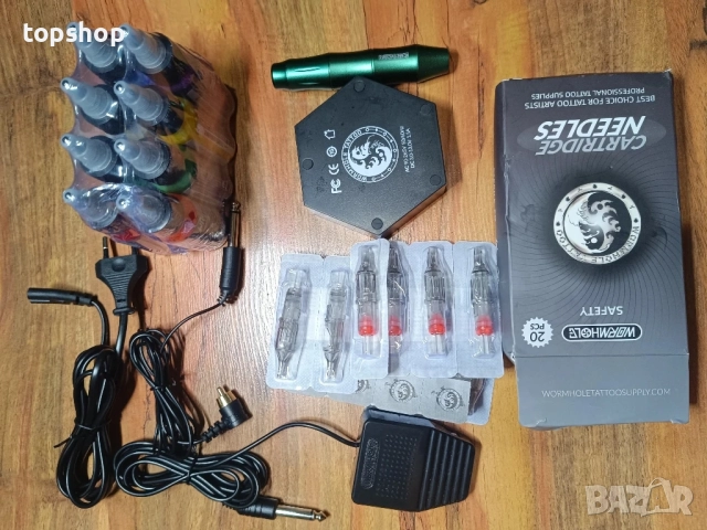 НОВ комплект за татуировки Wormhole Tattoo WTK106, ротационна със захранване, 15 игли, 8 мастила..., снимка 7 - Друго оборудване - 51636323