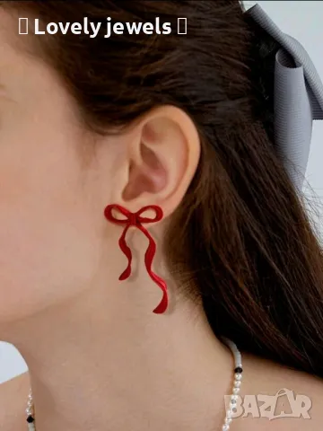 Червени обици панделка , снимка 3 - Обеци - 50277705
