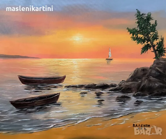 Морски залез и лодки в морето маслена картина 