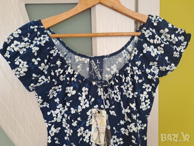 Лятна рокля тъмносиня на бели цветя памучна Teranova, снимка 2 - Рокли - 41584961