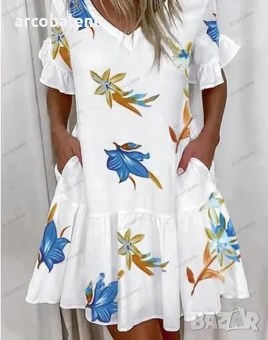 Свободна модна с V-образно деколте къса рокля с джоб и волан, 10цвята , снимка 4 - Рокли - 50133940