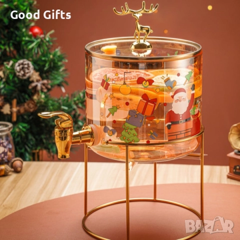Стъклен диспенсър за напитки 2.6 L с коледен дизайн и златиста стойка, снимка 2 - Декорация за дома - 52235945