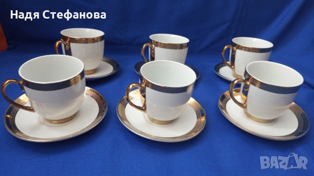 Красиви чашки за кафе с чинийки, златни кантове, позлата по 6 бр, снимка 1 - Чаши - 44480711