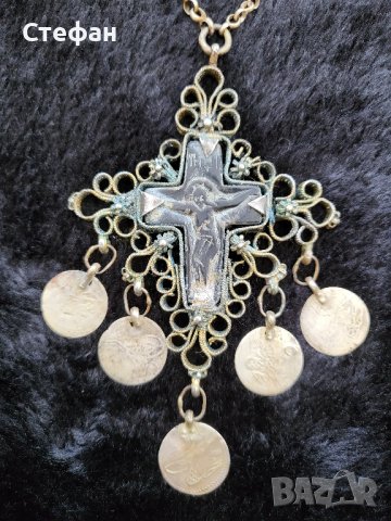 Сребърен Възрожденски Двустранен Кръст трепка накит носия, снимка 5 - Антикварни и старинни предмети - 41474548