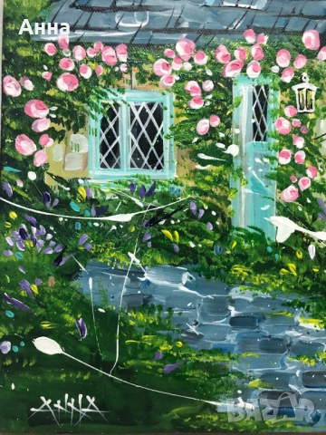 Авторска картина къща с рози, снимка 2 - Картини - 53745747