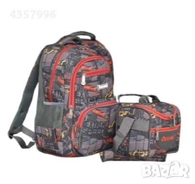 Комплект раница и чанта за храна, За ученици, За момче, Червен