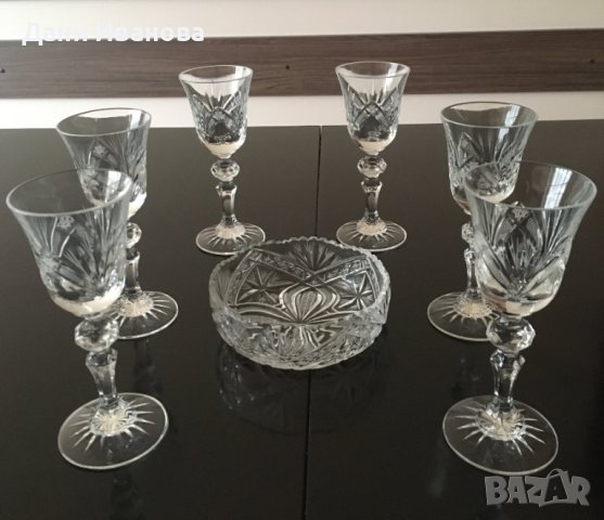6 бр. кристални чаши за ракия / аператив + купичка за ядки - нови!, снимка 1