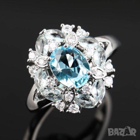 Пръстен с аквамарин и циркони, снимка 4 - Пръстени - 42010120