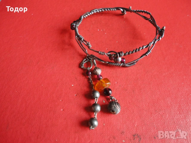 Дизайнерска сребърна гривна с кехлибар и камъни , снимка 6 - Гривни - 53323036