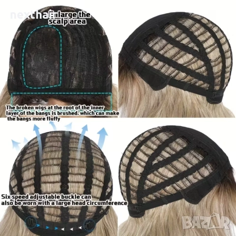 Модерна пепеляво руса перука с тъмни корени - чуплива, асиметрична прическа, снимка 8 - Аксесоари за коса - 53727909