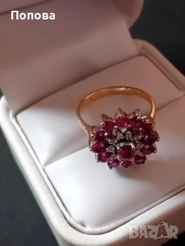 Винтидж златен пръстен с диаманти и рубини ръчна изработка , снимка 4 - Пръстени - 52490240